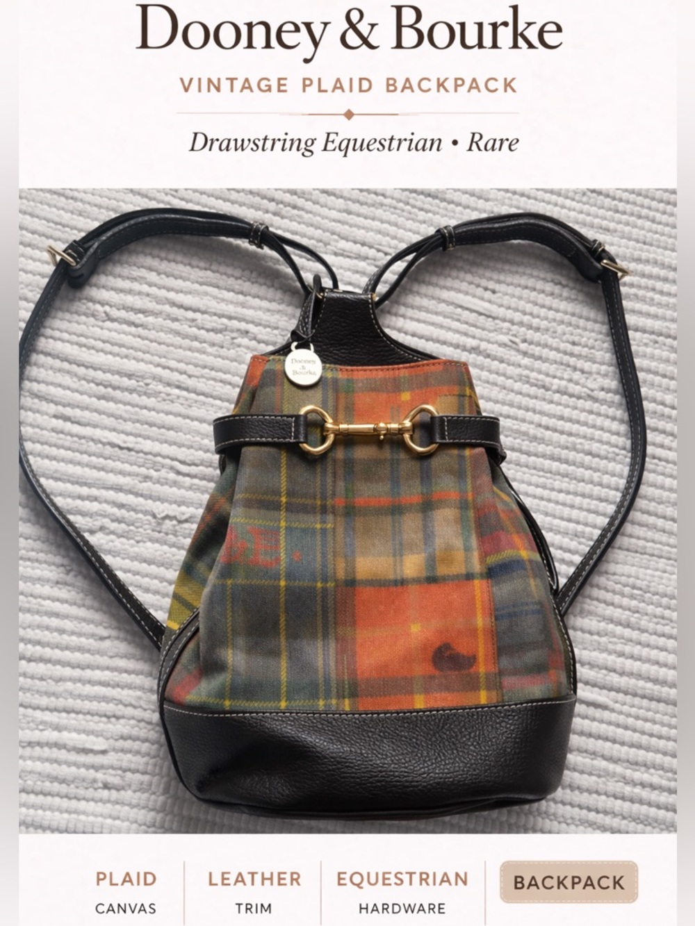 Vintage Dooney Bourke Plaid Bucket Bag Drawstring Equestrian Rare